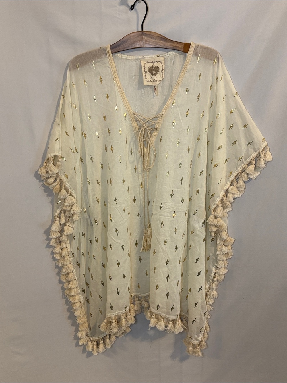 Z&L Europe Boho Cactus Print Tassel Kaftan Swim Cover-Up - Cream Gold